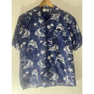 Michael Austin Fish Print Camp Shirt Mens MedCotton Short Sleeve Button Up